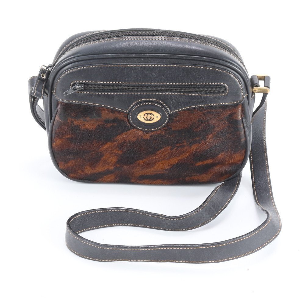 Gucci Calf Hair Leather Shoulder Bag Crossbody Black Brown EWM - Picture 2 of 9